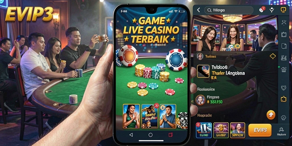 Screenshot utama EVIP3 menampilkan dealer profesional dan suasana permainan Live Casino yang mendebarkan.