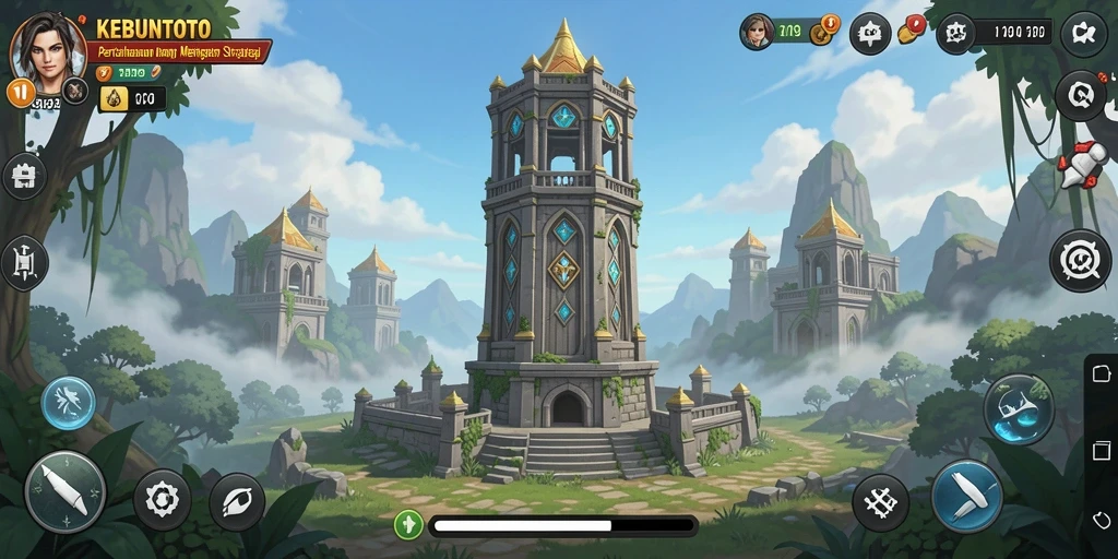 Screenshot dari gameplay KEBUNTOTO yang menunjukkan pertahanan menara yang kuat.