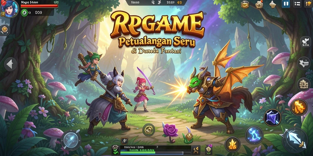 Screenshot RPGAME menunjukkan karakter utama menghadapi monster di hutan.