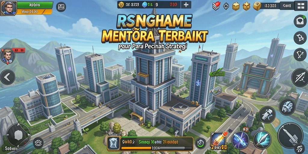 Screenshot gameplay RSNGAME menampilkan pertahanan menara yang megah dan serangan musuh yang intens.