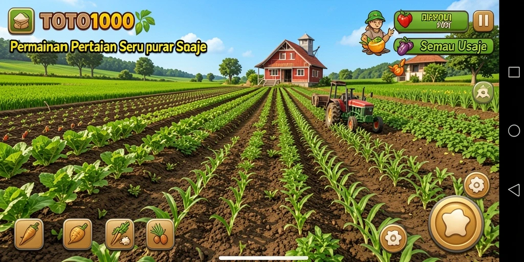 Screenshot gameplay TOTO1000 menampilkan kebun yang indah dan produktif.
