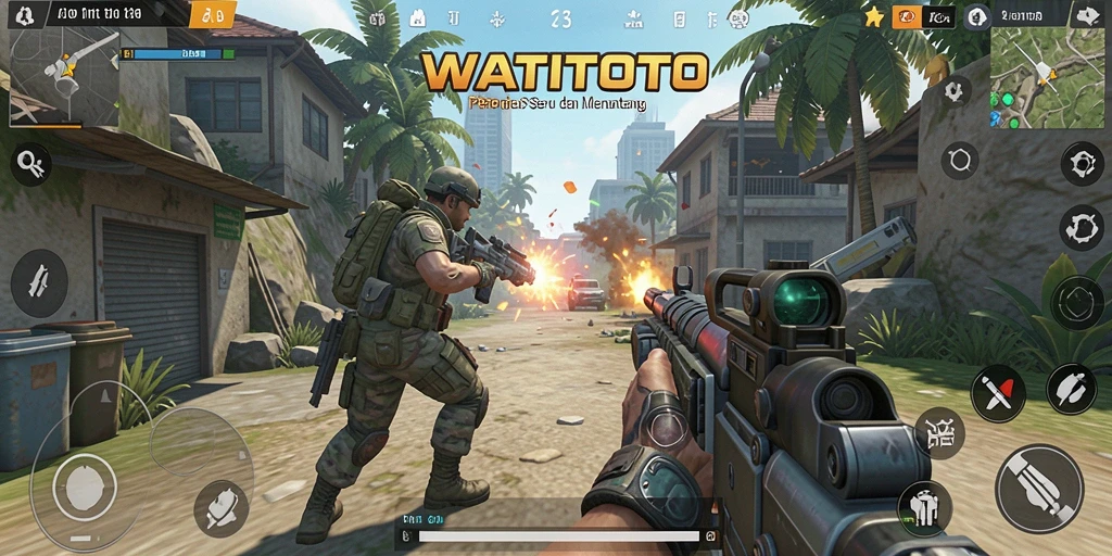 Screenshot utama WATITOTO menampilkan aksi perang yang intens dan mendebarkan.
